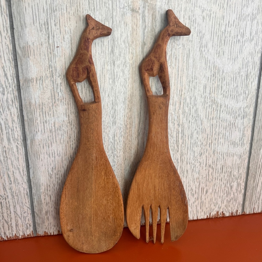 Hand Carved Wooden Giraffe Salad Servers Set 2 Piece Boho African Style Utensils